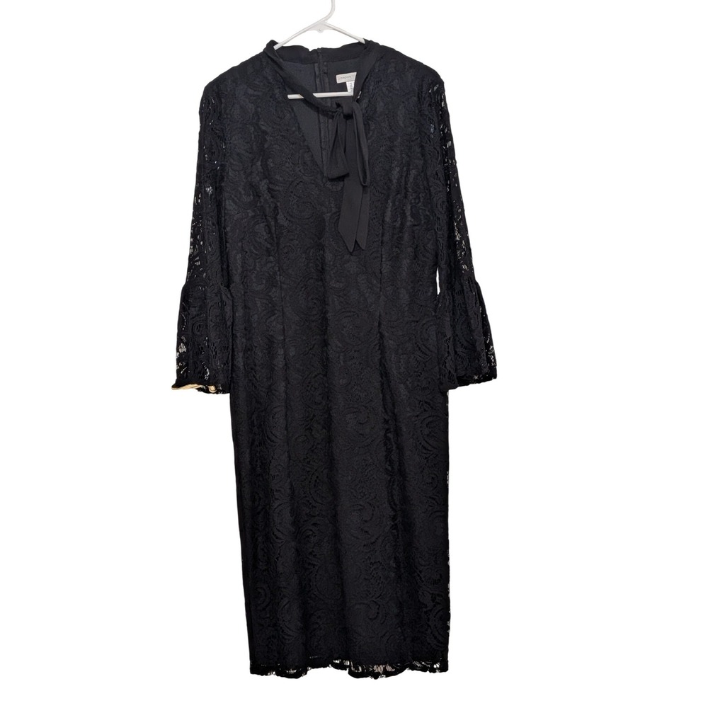 London Times Womens 12 Black Lace Bell Sleeve Tie Neck Sheath Dress NWT  Elegant